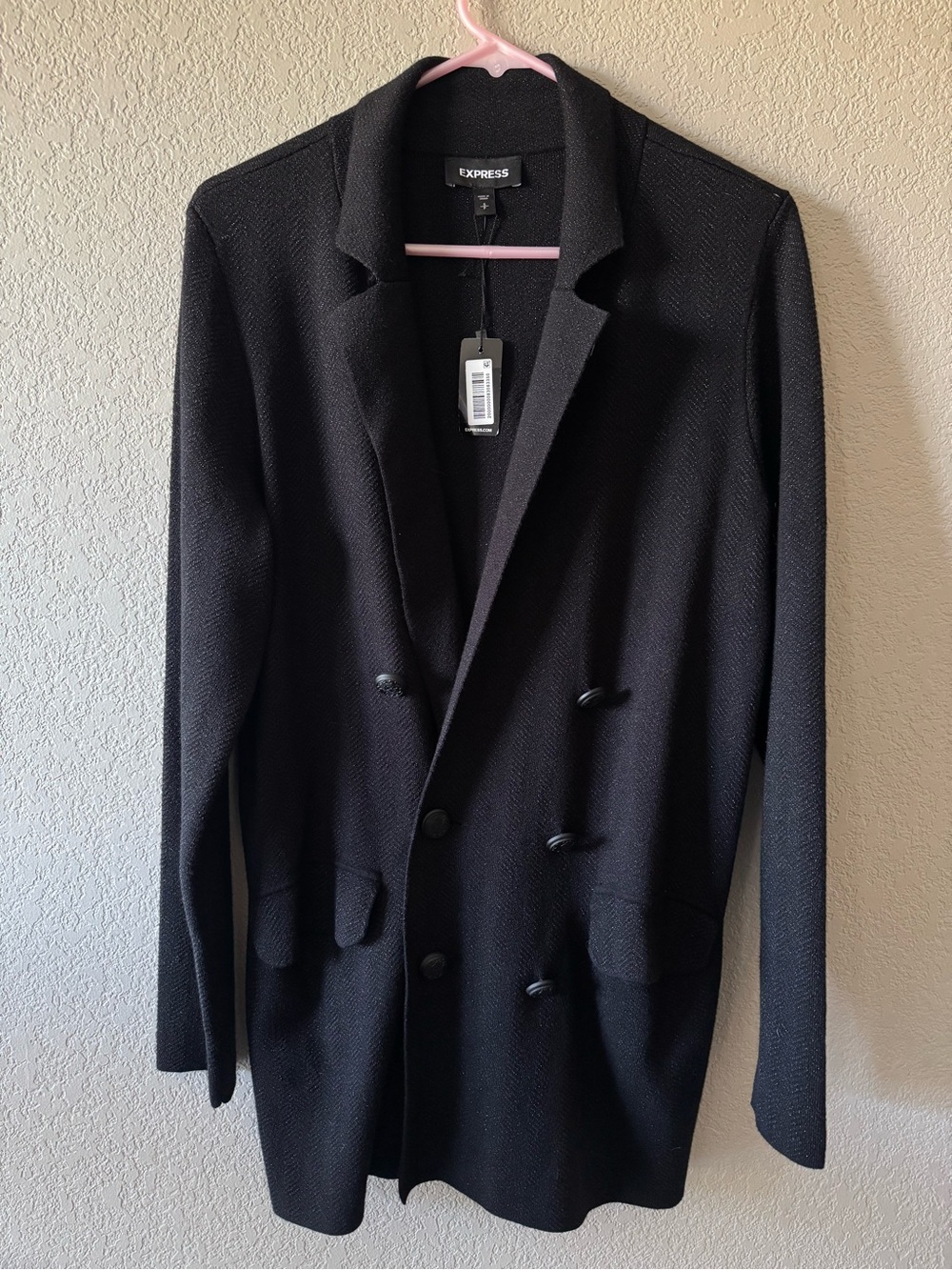 Express NWT Black Shimmer Double Breasted Long Blazer Jacket Size Small